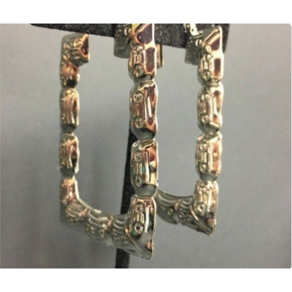 Rectangle Hoop Earrings Silver Latch Trapeze Puffy Bamboo Retro BoHo 80s 90s Y2K - Picture 2 of 4